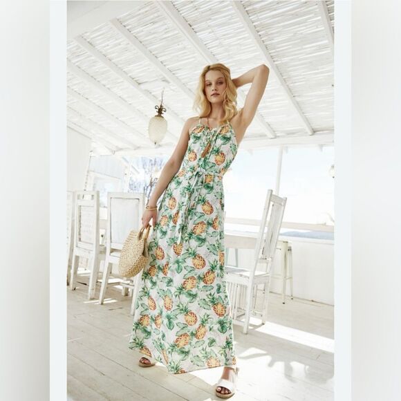 Skies are Blue Sleeveless Maxi Dress in Green White Pineapple Print - Size S - Picture 1 of 7